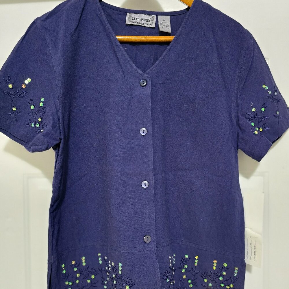 Jane Ashley Shirt Women's Purple Sequins Embroidery Short Sleeve Medium New